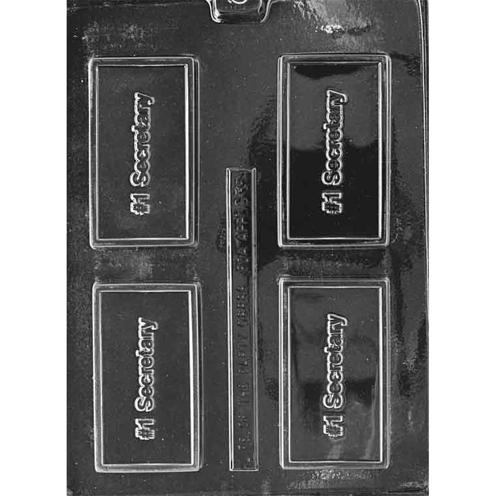 Black chocolate bar mold with four framed rectangular cavities, each with raised “#1 Secretary” lettering centered inside the rectangle.