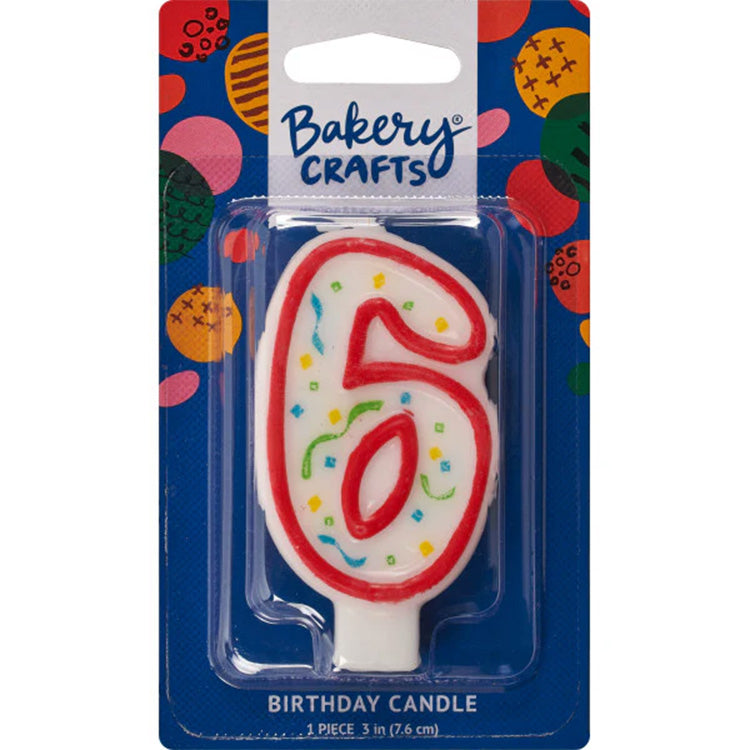 Packaged number 6 birthday candle with a white center, red outline, and multicolor confetti sprinkles on a blue Bakery Crafts card.