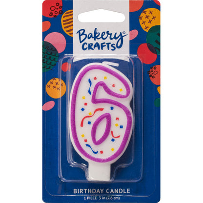 Packaged number 6 birthday candle with a purple outline and colorful confetti center on a blue Bakery Crafts backing card with multicolor dots.