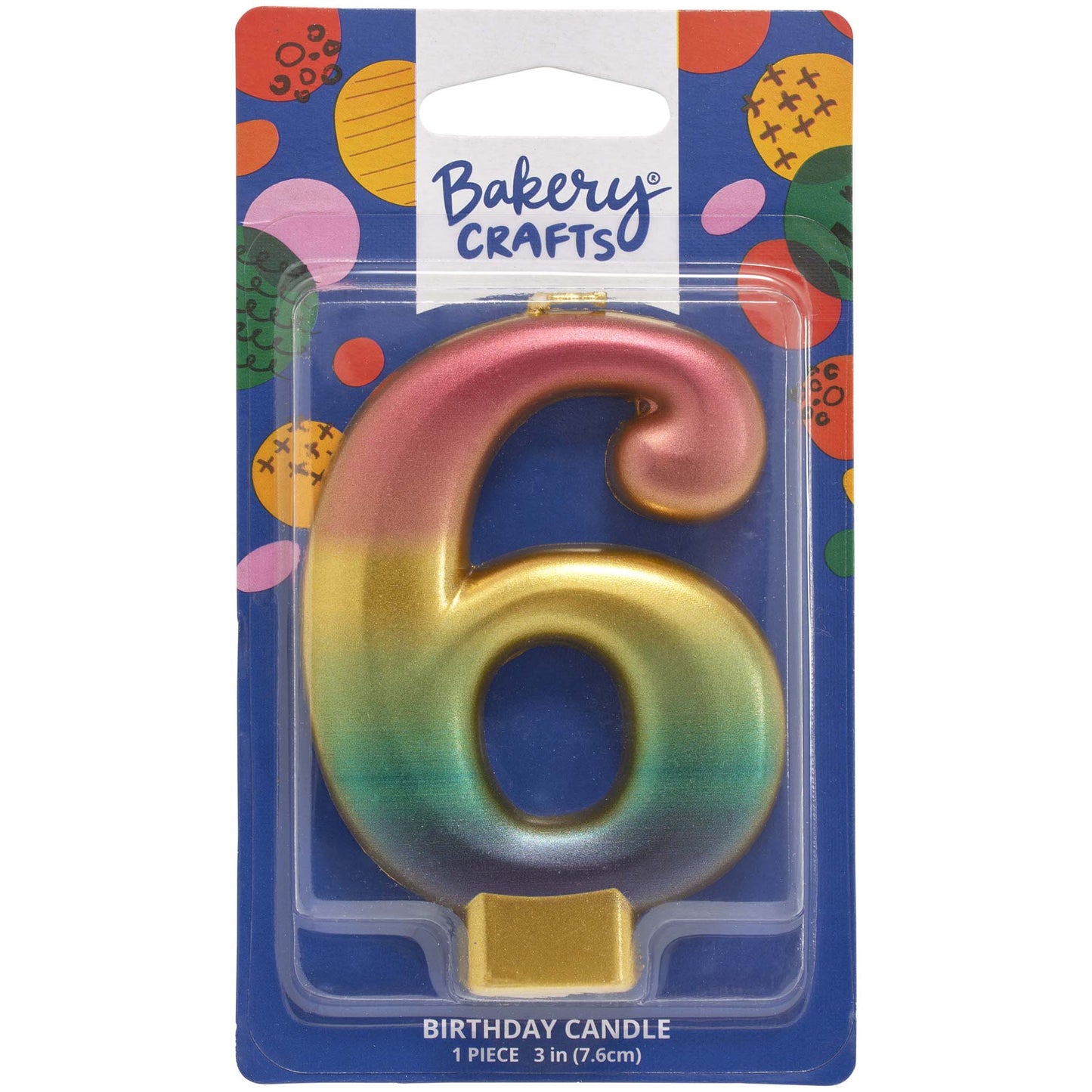 Packaged metallic rainbow number 6 birthday candle with a pink-to-gold-to-green-to-blue gradient and a gold base, on a blue Bakery Crafts card.