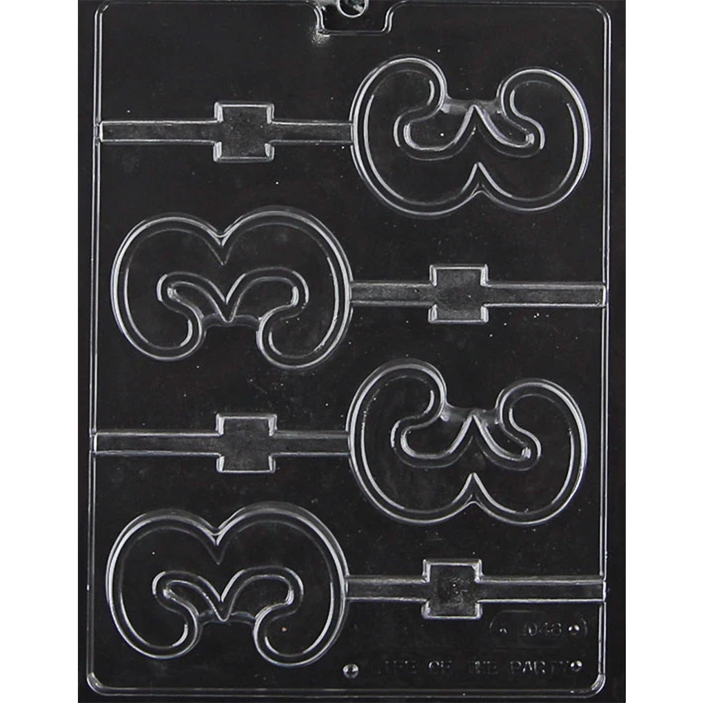 Clear plastic chocolate lollipop mold with six number 3 shaped cavities arranged in two columns.