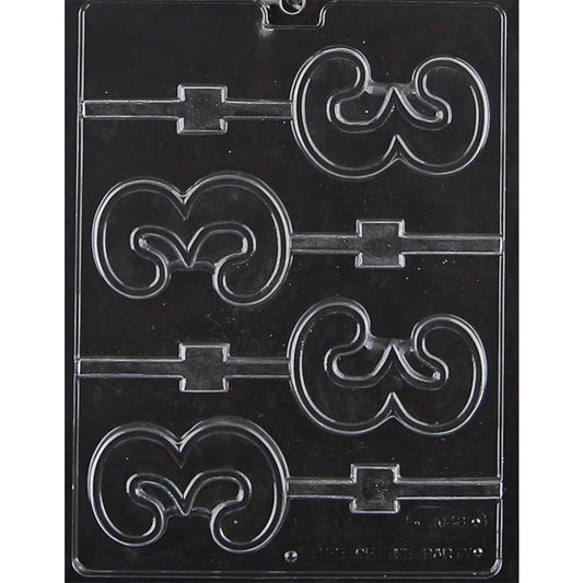 Clear plastic chocolate lollipop mold with six number 3 shaped cavities arranged in two columns.