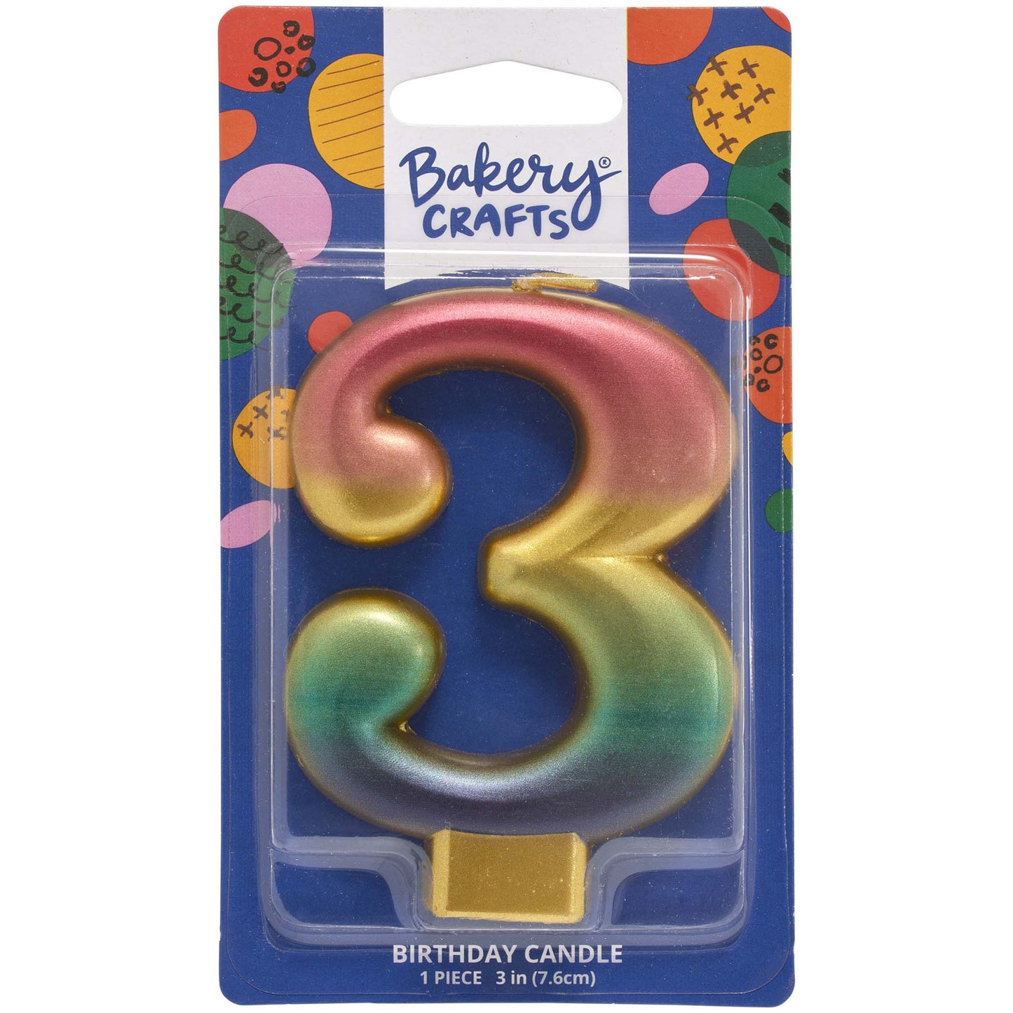 Packaged metallic rainbow number 3 birthday candle with a pink-to-gold-to-green-to-blue gradient and a gold base, on a blue Bakery Crafts card.