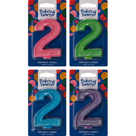 Four glitter number 2 birthday candles in pink, green, blue, and purple, packaged by Bakery Crafts.