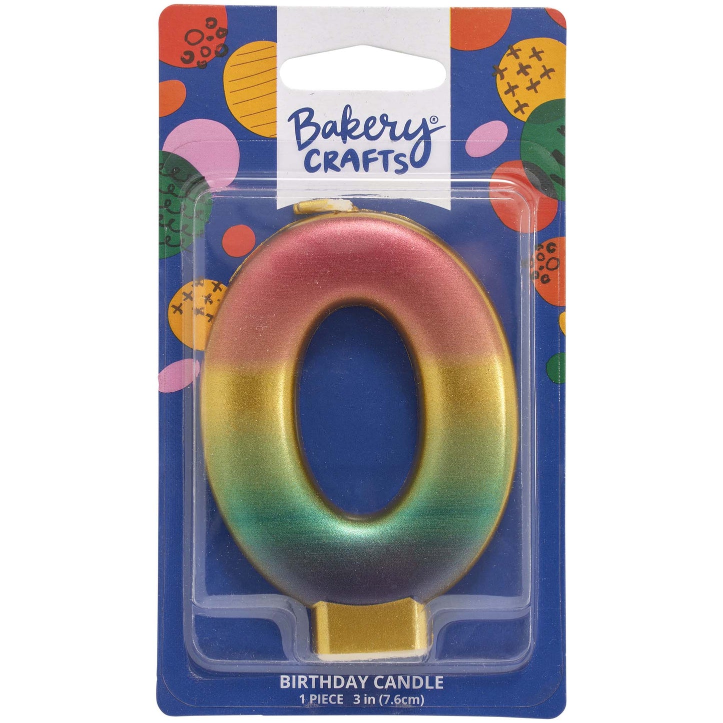 Packaged metallic rainbow number 0 birthday candle with a pink-to-gold-to-green-to-blue gradient and a gold base, on a blue Bakery Crafts card.