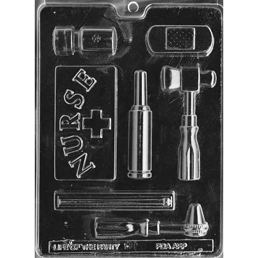 Clear plastic nurse-themed chocolate mold featuring 7 cavities with designs including medical tools, bandage, and a nurse badge.