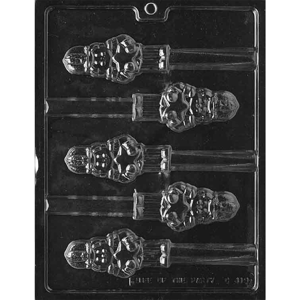 Clear plastic chocolate mold with six nutcracker soldier topper cavities designed to sit on pretzel rods, featuring a toy soldier holding a star with raised uniform details.