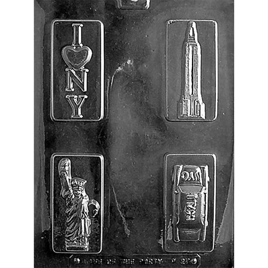 Clear plastic New York Themed Bars Chocolate Mold with four cavities featuring I Heart NY, the Empire State Building, Statue of Liberty, and an NYC taxicab