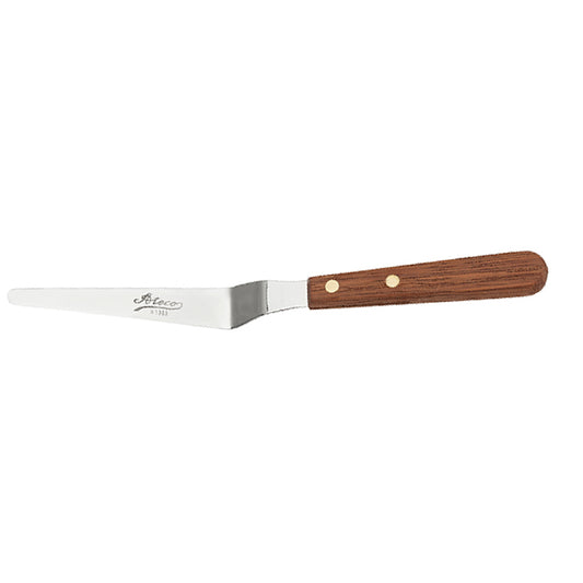 Offset tapered spatula with a 4.75-inch stainless steel blade and wooden handle, ideal for cake decorating and precision frosting tasks.