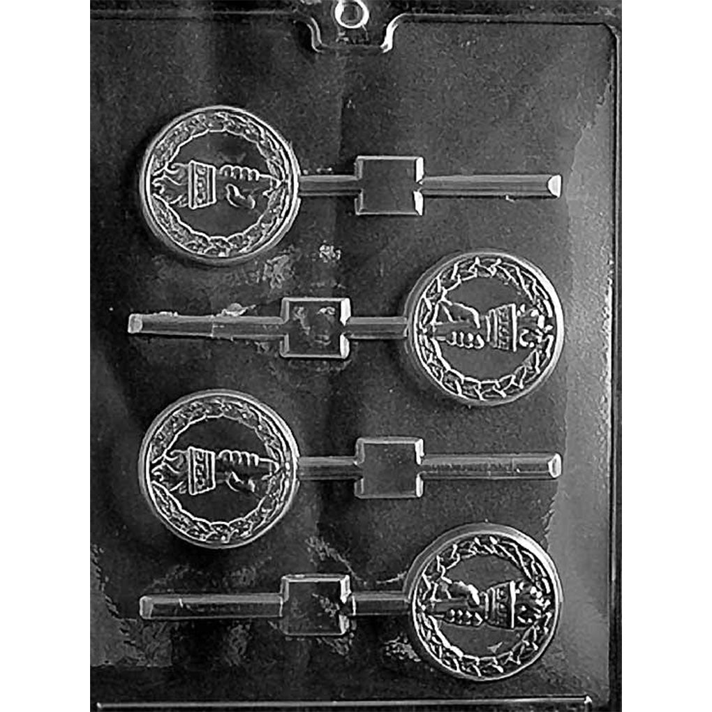 Clear chocolate lollipop mold with four round cavities featuring a torch in the center surrounded by a leafy border, each connected to a straight stick channel.