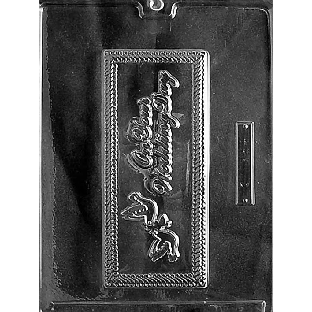 Clear On Your Wedding Day Chocolate Bar Mold on a black background with 1 rectangular cavity featuring embossed wedding wording, a decorative border, and two dove accents.