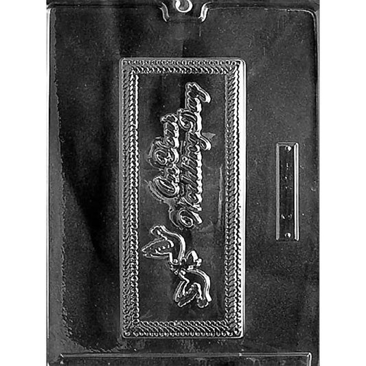 Clear On Your Wedding Day Chocolate Bar Mold on a black background with 1 rectangular cavity featuring embossed wedding wording, a decorative border, and two dove accents.