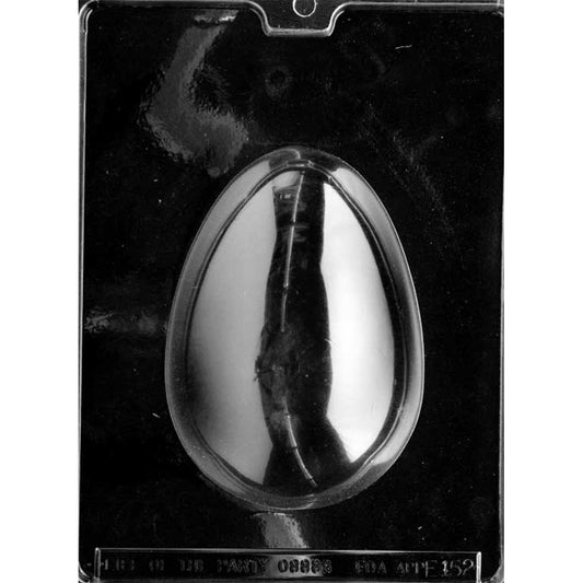 Clear plastic 1 lb smooth egg chocolate mold shown on a black background with one large egg-shaped cavity featuring a rounded dome and clean edges.