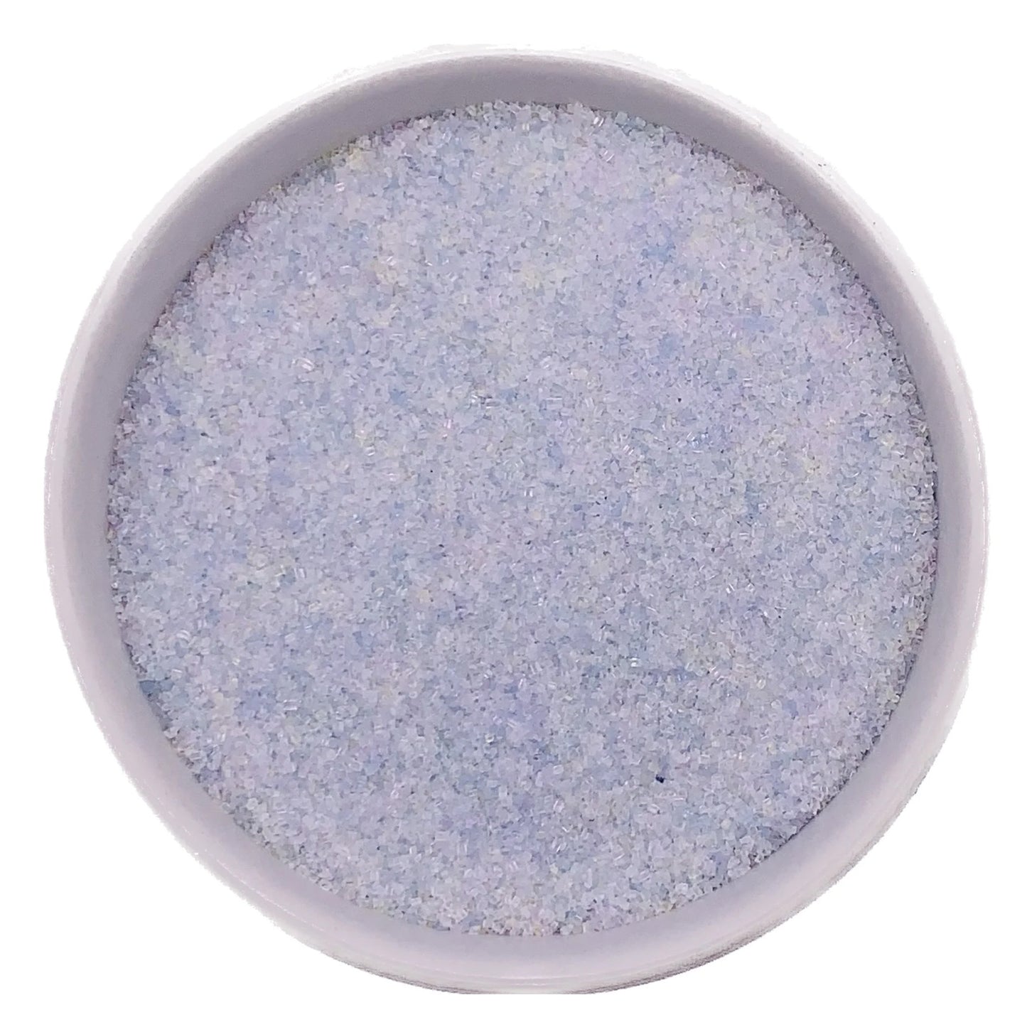 Top-down view of a white bowl filled with opal fine sanding sugar, showing very pale iridescent crystals with a soft pearly shimmer.