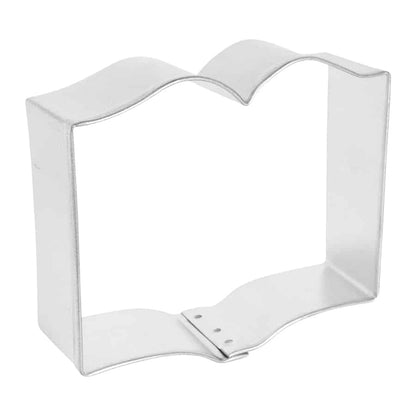 Side angle of the book-shaped cookie cutter showing its depth and sturdy construction.