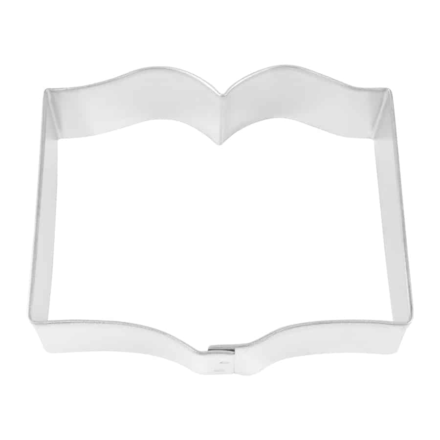 Stainless steel book-shaped cookie cutter with an open book design.