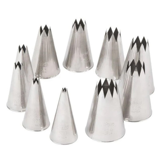 Set of 10 open star piping tips in varying sizes, arranged in a semi-circle; each stainless steel tip has sharp, evenly spaced points for detailed icing designs.