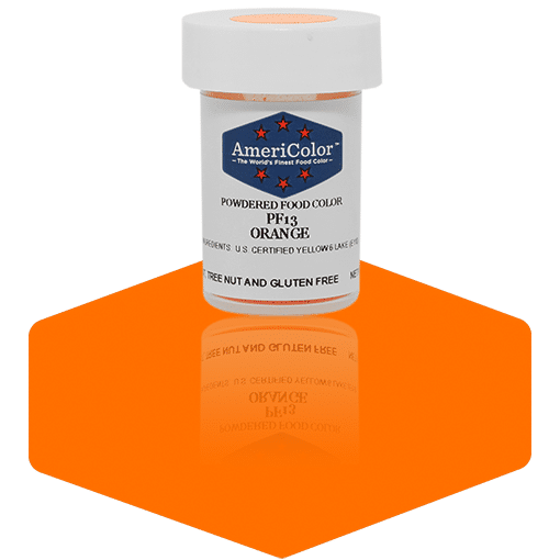 AmeriColor Orange powdered food coloring 3 gram jar featuring bright orange powder for bold buttercream and fondant.