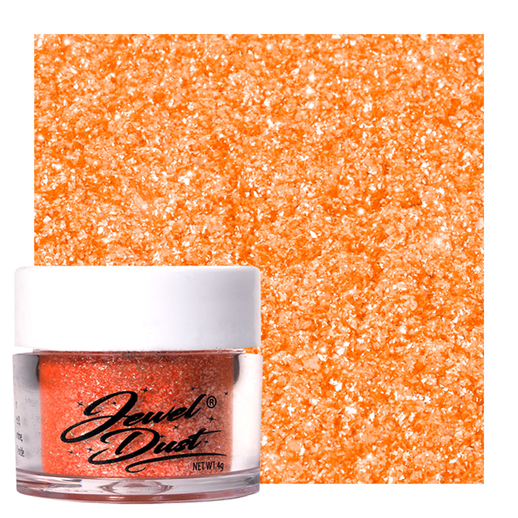 Orange Jewel Dust edible glitter jar with bright sparkle swatch for cake decorating, cookies, drinks, and desserts.