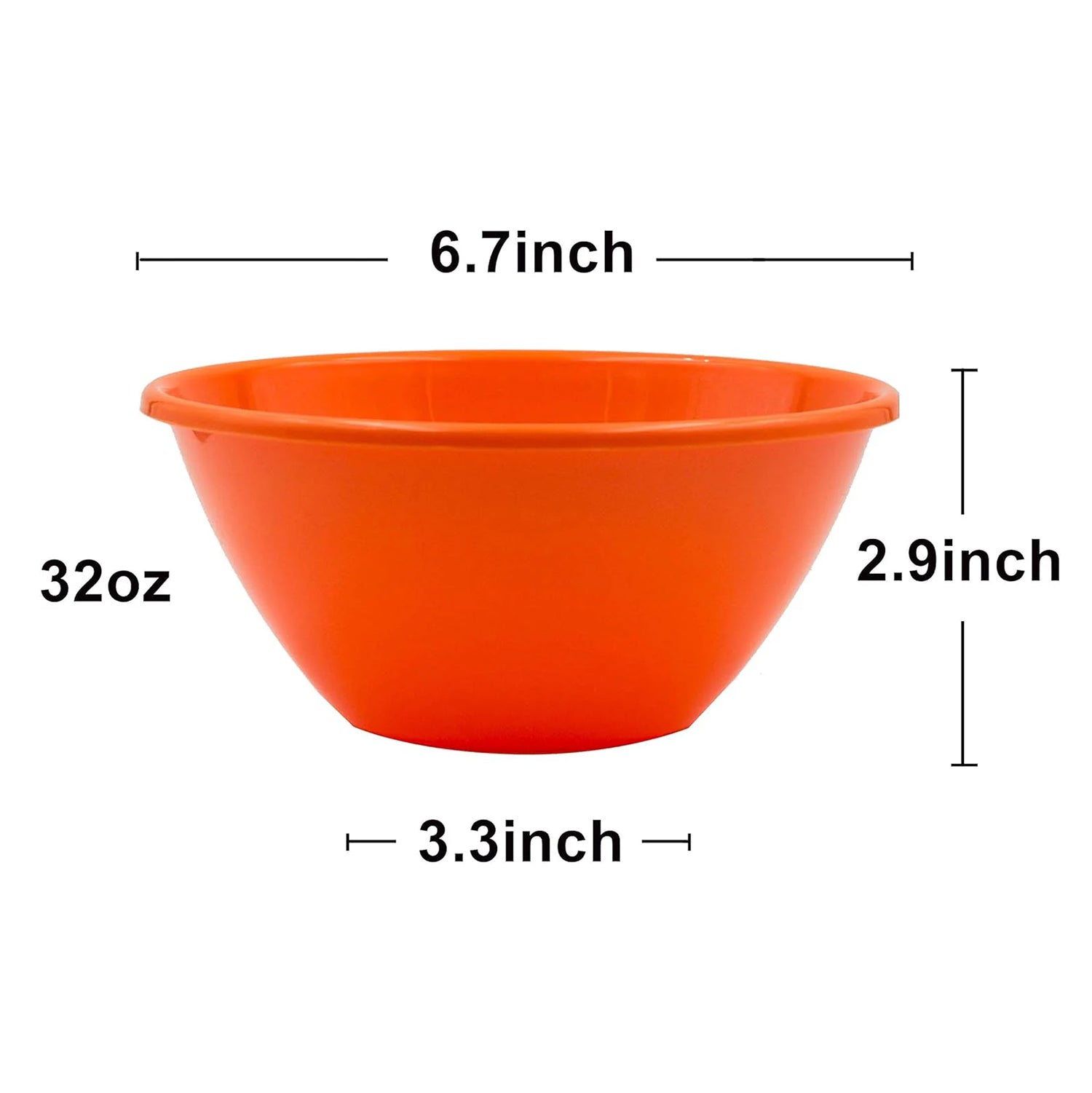 Orange microwavable bowl labeled 32 oz with size callouts showing 6.7 inch top diameter, 2.9 inch height, and 3.3 inch base.
