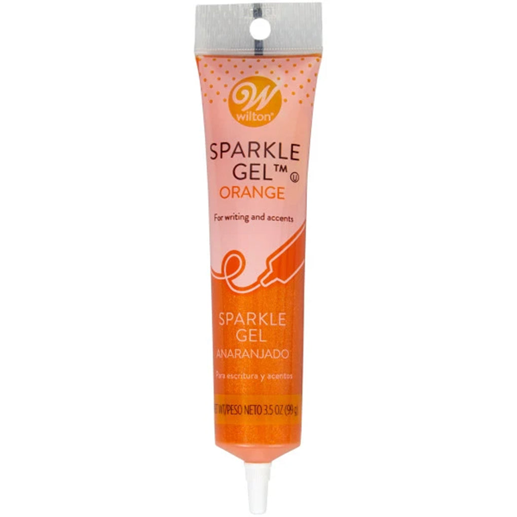 Wilton Orange Sparkle Gel in a 3.5-ounce squeeze tube filled with vivid orange shimmering decorating gel and a pointed piping tip.