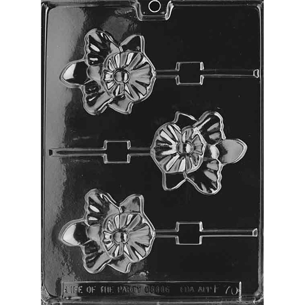 Clear plastic chocolate lollipop mold with three orchid flower-shaped cavities.
