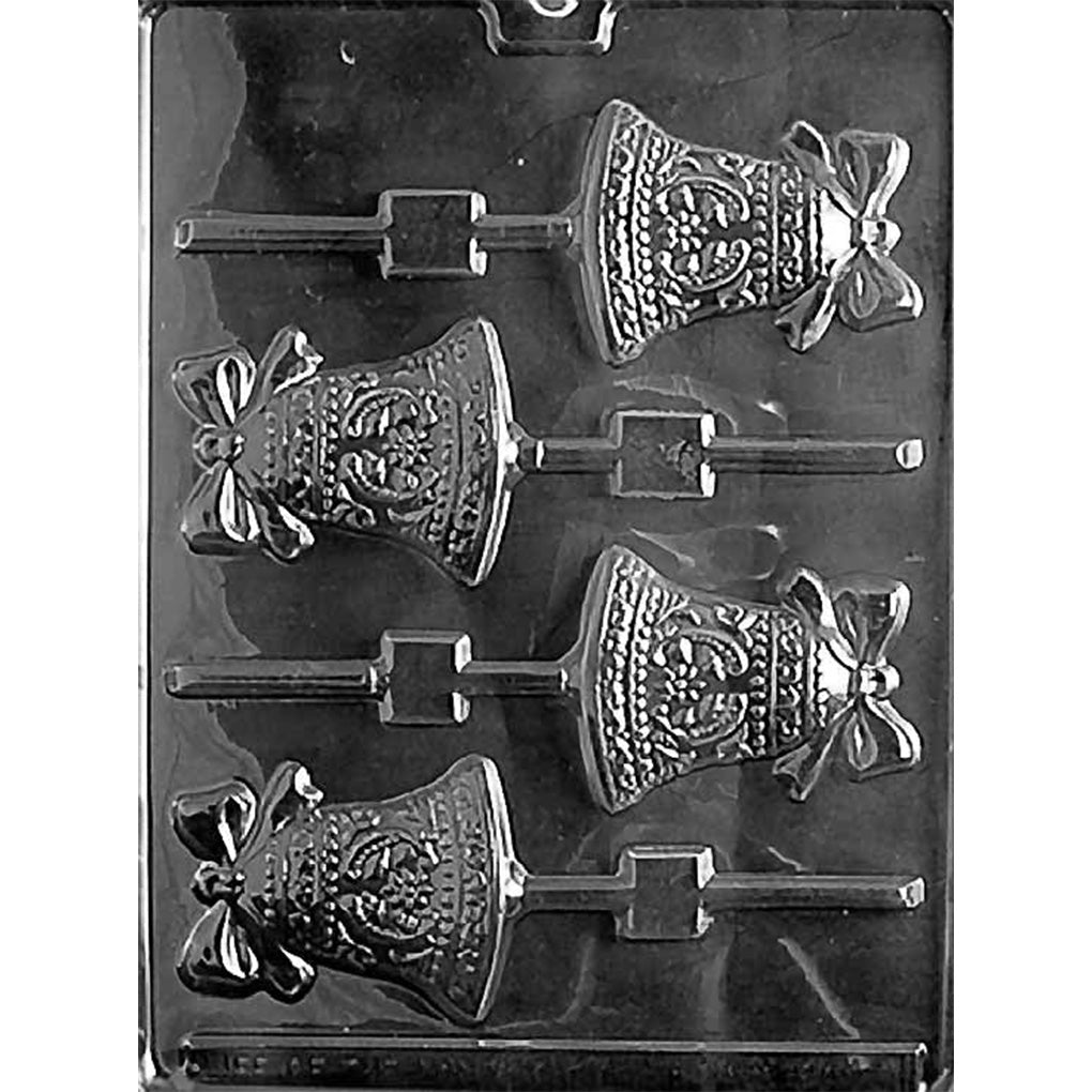 Clear plastic chocolate lollipop mold with four ornate bell cavities, each featuring raised decorative bands and a bow at the top, with stick channels extending from the bell shapes.