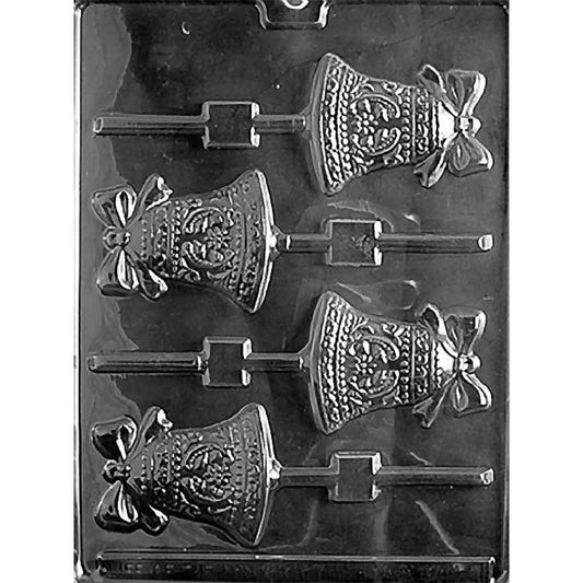 Clear plastic chocolate lollipop mold with four ornate bell cavities, each featuring raised decorative bands and a bow at the top, with stick channels extending from the bell shapes.