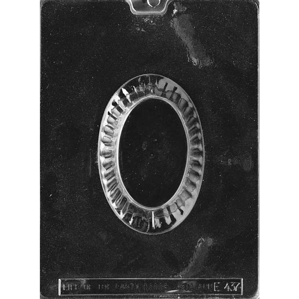 Clear plastic oval basket chocolate mold with one deep 5 x 3 1/4 x 2 3/4-inch cavity featuring woven detailing for a hollow filled chocolate basket.