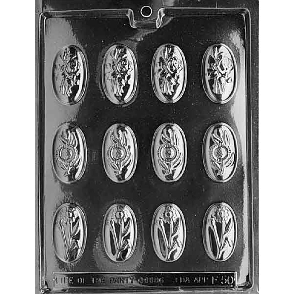 Oval Flower Pieces chocolate mold with 12 cavities in three floral designs, including bouquets, round blooms, and tall stemmed flowers