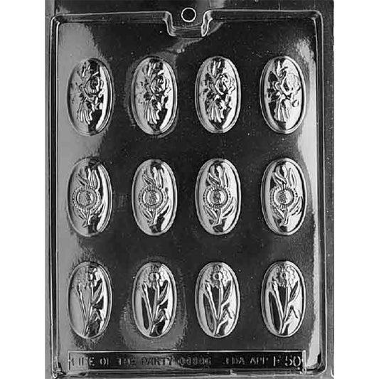 Oval Flower Pieces chocolate mold with 12 cavities in three floral designs, including bouquets, round blooms, and tall stemmed flowers