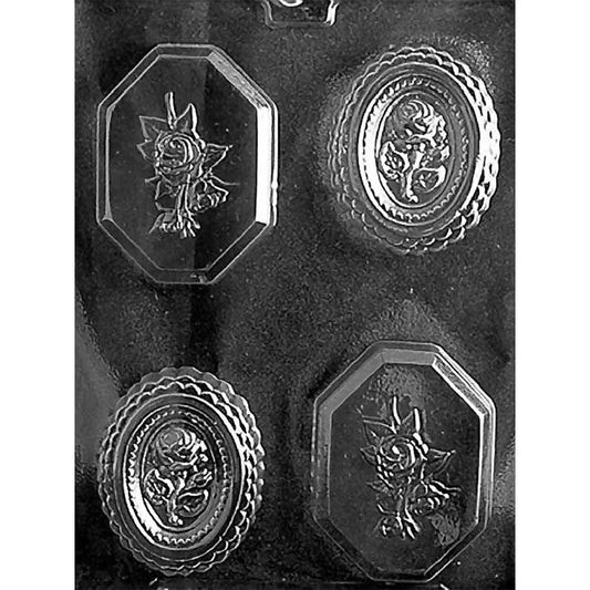 Clear plastic Oval Rose Bars Chocolate Mold with two scalloped oval rose cavities and two beveled octagonal rose cavities