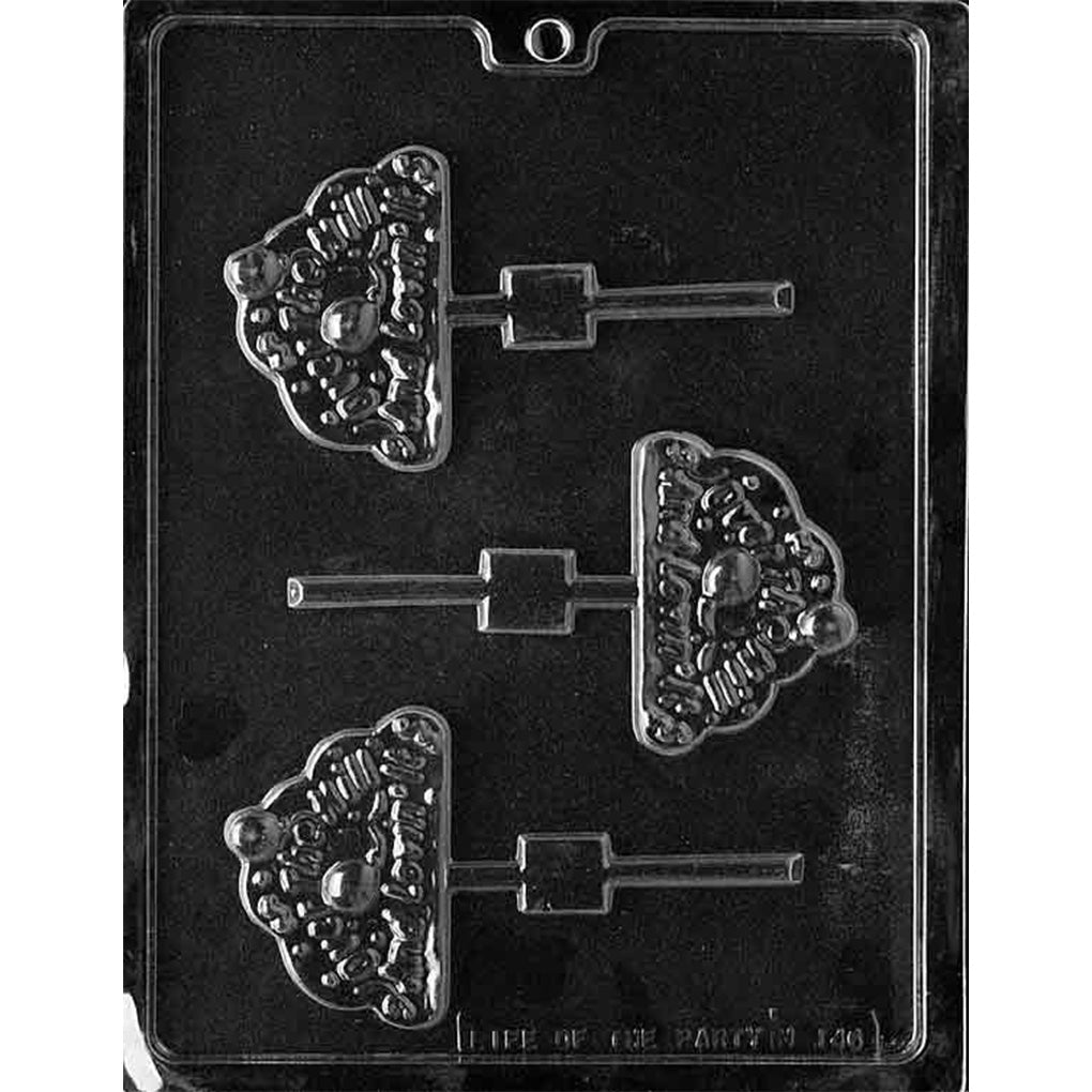 Plastic chocolate lollipop mold with three cloud-shaped cavities featuring an “Over the Hill” message and balloon details, plus built-in stick channels for birthday pops.