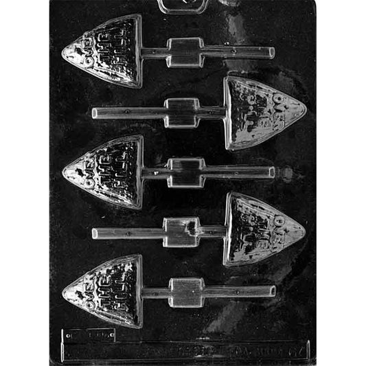 Plastic chocolate lollipop mold with six mountain-shaped cavities, each embossed with the words “Over the Hill” and featuring built-in stick channels for milestone birthday chocolate pops.