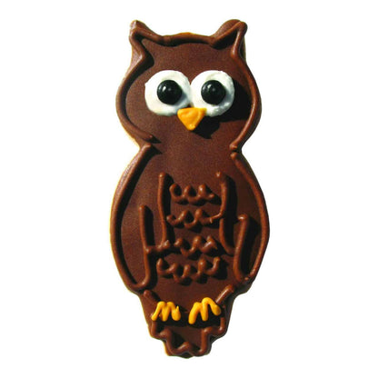 Decorated owl-shaped cookie with brown icing, large eyes, and yellow feet, made using a 3.25-inch owl cookie cutter.