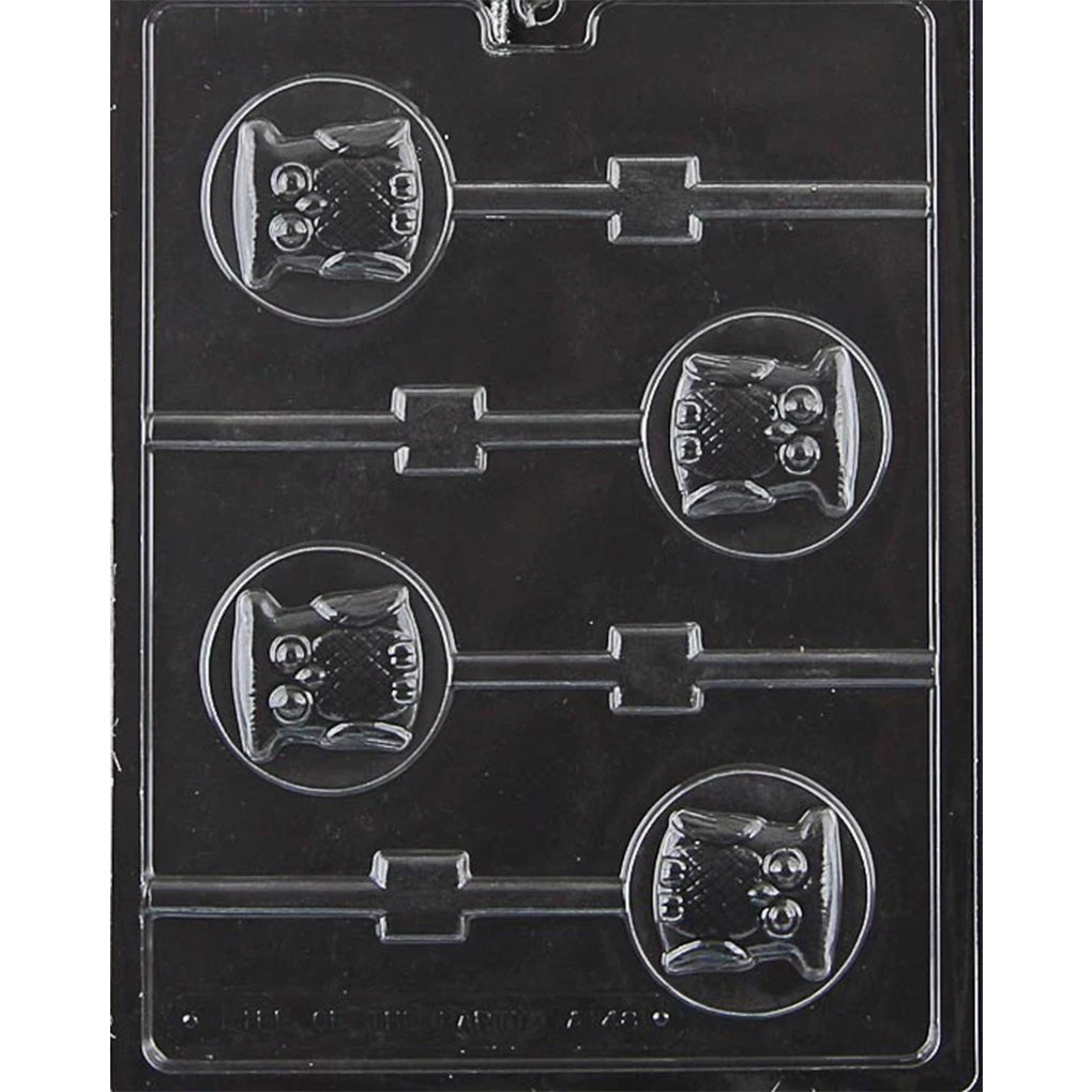 Clear plastic chocolate lollipop mold with four round cavities, each featuring a raised owl with big eyes and feather texture, plus built-in stick channels.
