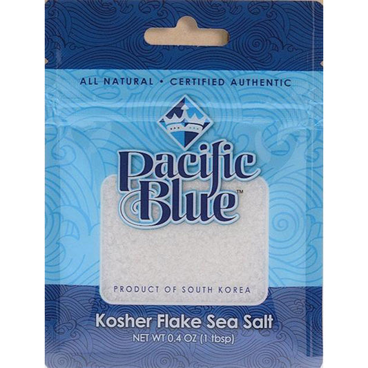 Pacific Blue Kosher Flake Sea Salt pouch with blue wave pattern and light blue center panel, labeled “Product of South Korea,” shown front-facing.