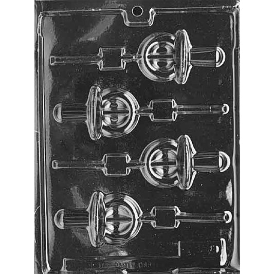 Pacifier chocolate lollipop mold with four pacifier cavities and stick channels, featuring embossed shield and ring handle details.