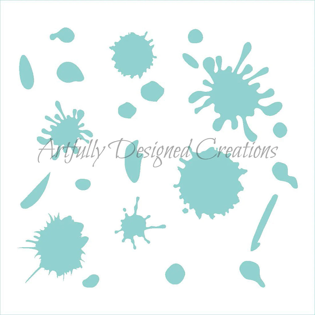 Square paint splatters cookie stencil with teal cut-out ink splats, drips, and droplets scattered across a white background, with “Artfully Designed Creations” watermark in gray.
