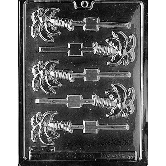 Chocolate lollipop mold with five palm tree cavities featuring curved banded trunks, spreading fronds, and built-in stick channels