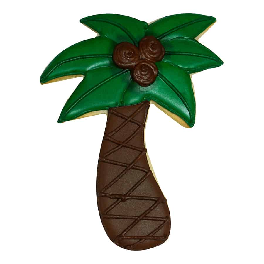 Palm tree-shaped sugar cookie decorated with green icing for the fronds, brown icing for the trunk, and three chocolate coconuts.