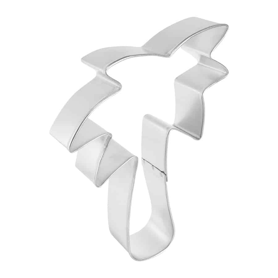 Angled view of a metal palm tree cookie cutter, showcasing its depth and sturdy frame.