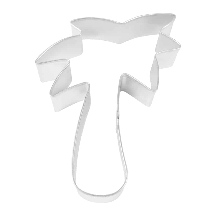 Metal palm tree cookie cutter with a long trunk and jagged-edged fronds.