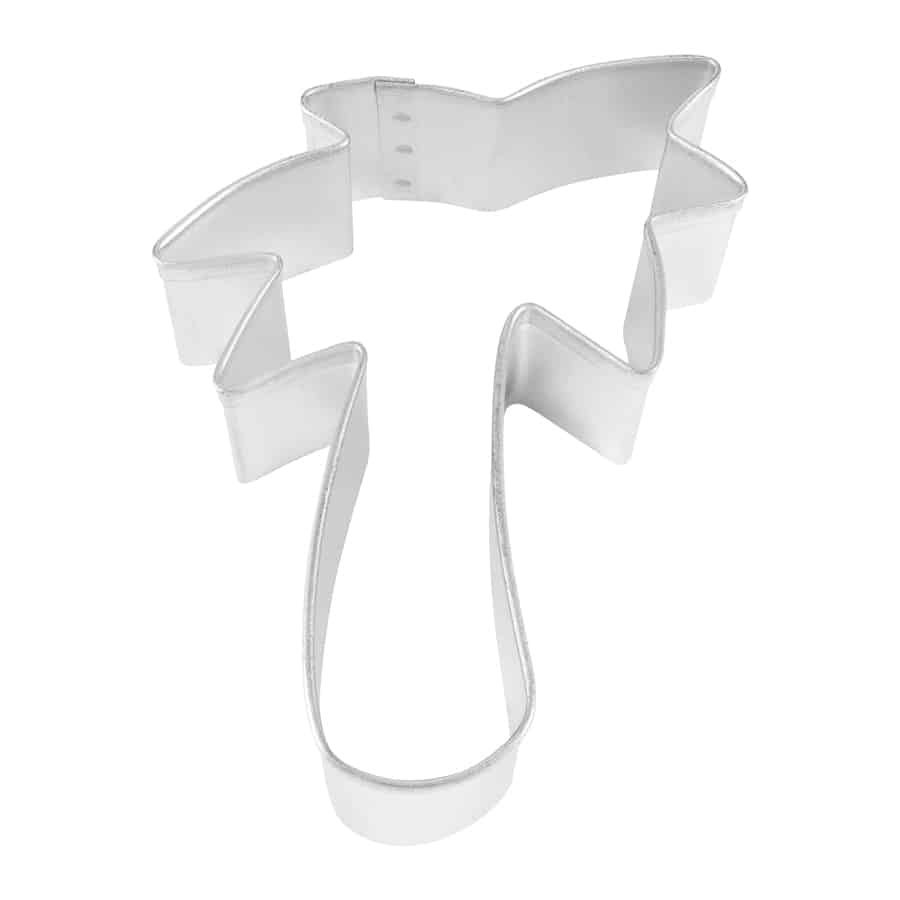 Metal palm tree cookie cutter featuring a zigzag frond design and a tall trunk.