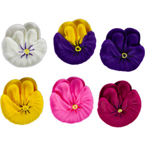 Assorted edible royal icing pansy decorations in white, purple, yellow, pink, and magenta, each measuring about 1 1/4 inches wide.