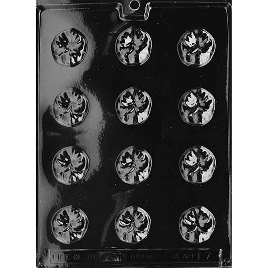 Clear plastic chocolate mold with twelve small round cavities, each featuring a pansy flower design with petal shapes and a detailed center.
