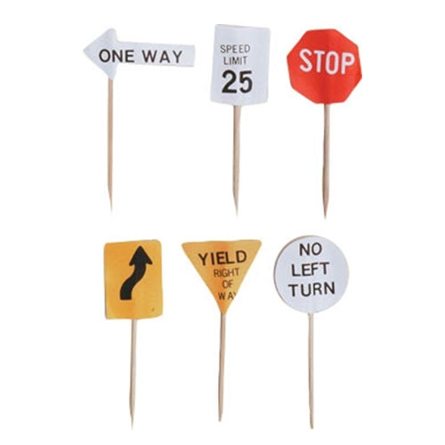 Set of 6 paper cupcake picks featuring various traffic signs including STOP, Yield, One Way, and Speed Limit, ideal for themed party desserts