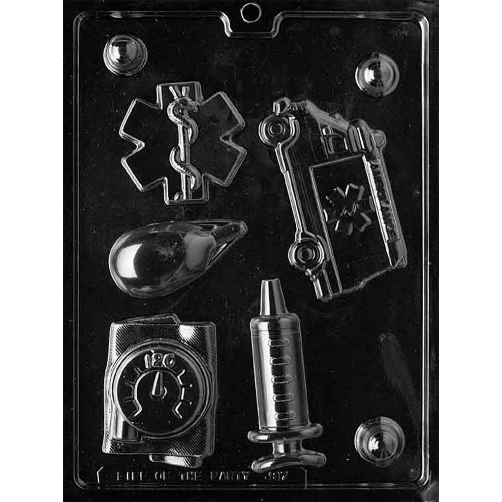 Clear plastic paramedic chocolate mold with five EMS-themed cavities featuring an ambulance, Star of Life symbol, syringe, blood pressure gauge, and inflation bulb.
