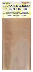 Reusable cookie sheet liners packaging with a wooden baking tray on a white background