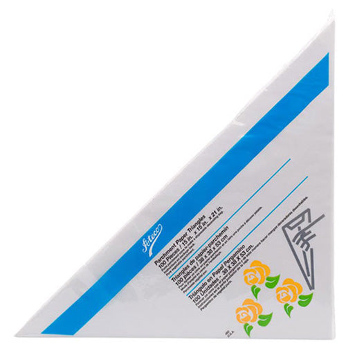 Ateco 15-inch parchment triangle pastry bags for rolling 7-inch piping cones, shown in a 100-count pack.